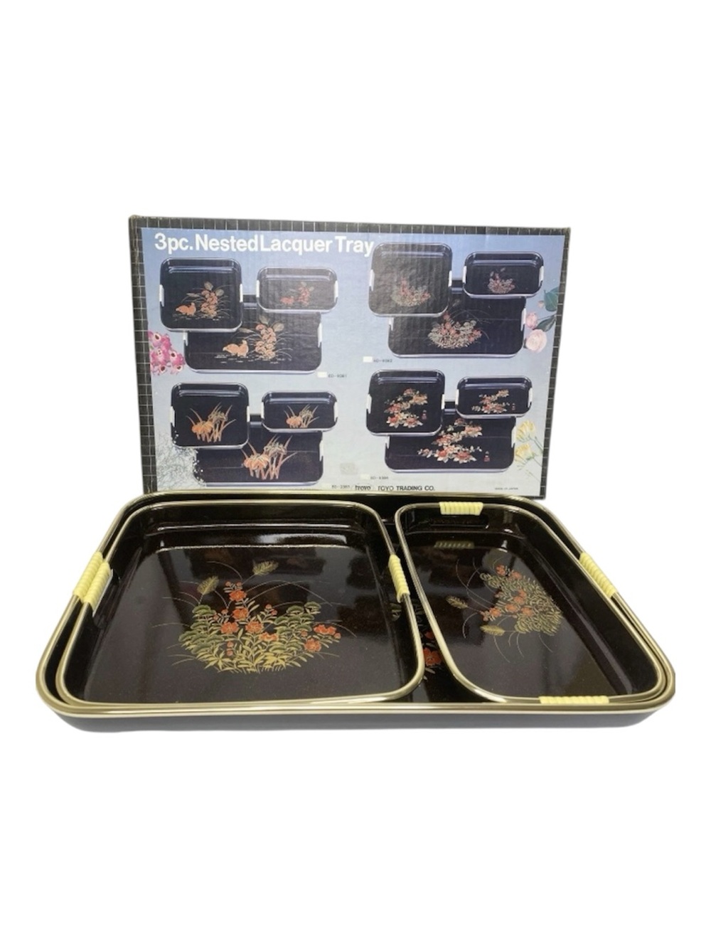 Vintage Toyo Trading Co Japanese Lacquer Nesting Trays Floral Set of 3